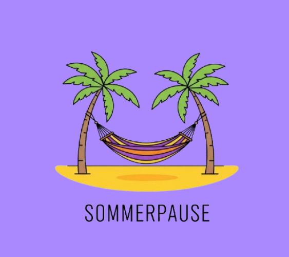 Bild von einer Hängematte zwischen Palmen mit dem Schriftzug Sommerpause